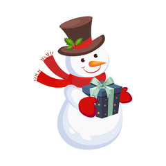 Cheerful Snowman holding a Present. Holiday Vector