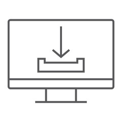Fototapeta premium Download thin line icon, computer and downloading, arrow sign, vector graphics, a linear pattern on a white background.
