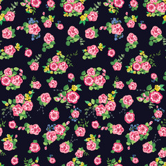 Fototapeta na wymiar Vintage feedsack pattern in small flowers. Millefleurs. Floral sweet seamless background for textile, cotton fabric, covers, wallpapers, print, gift wrap and scrapbooking.