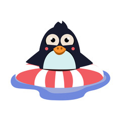 Funny Swimming Penguin with Lifebuoy. Vector Illustration