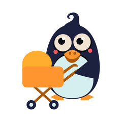 Penguin Mom and Baby in Stroller. Vector Illustration