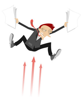 recommend clip art: Frightened businessman and arrow signs concept illustration. Frightened man with bag and papers falling down on the sharp arrows isolated on white   
                    