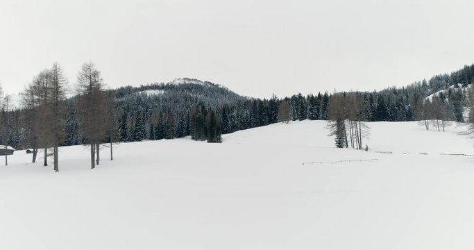 Backward aerial over snowy plain with woods forest.Cloudy bad overcast weather.Winter Dolomites Italian Alps mountains outdoor nature establisher.4k drone flight establishing shot