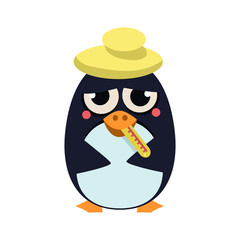 Sick Penguin with Thermometer. Vector Illustration