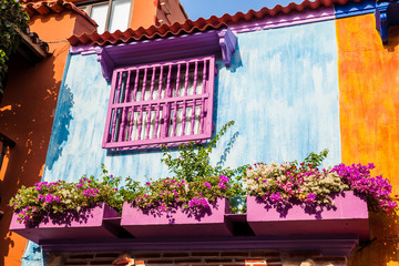 The colorful colonial houses at the walled city of Cartagena de Indias