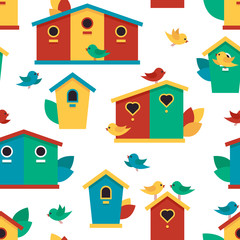 Seamless pattern with birdhouses and birds. Vector illustration.