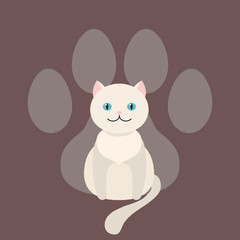 White cat sits dangling his tail. Vector. Cartoon pet.