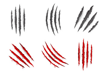 Monster animal claws bleeding scratches torn material blood set isolated design vector illustration