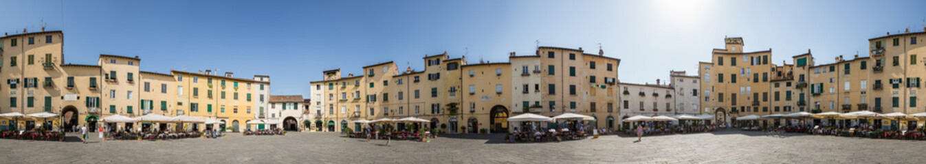 360 degree panorama of Piazza dell'Anfiteatro which is a public square in the northeast quadrant of walled center of Lucca, region of Tuscany, Italy - obrazy, fototapety, plakaty