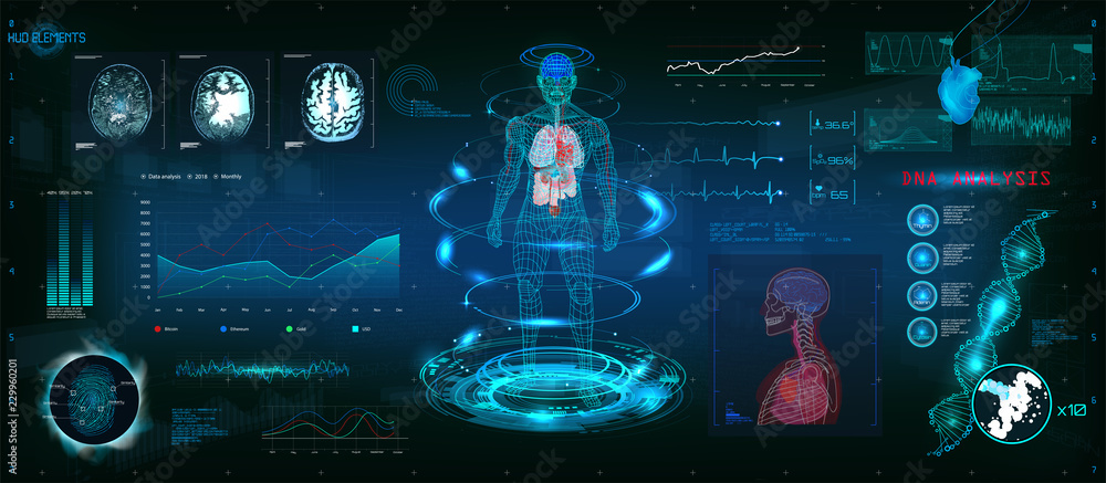 Poster MRT futuristic scanning in HUD style design, Human body, organs and brain scan with pictures. Hi-tech elements. Virtual graphic touch HUD UI with illustration of DNA formula, cardiogram and data chart