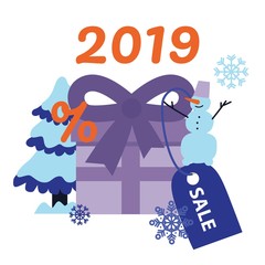 New 2019 Year holiday sale banner with big wrapped violet present box with bow and discount label and snowman with tree isolated on white background in flat vector illustration.