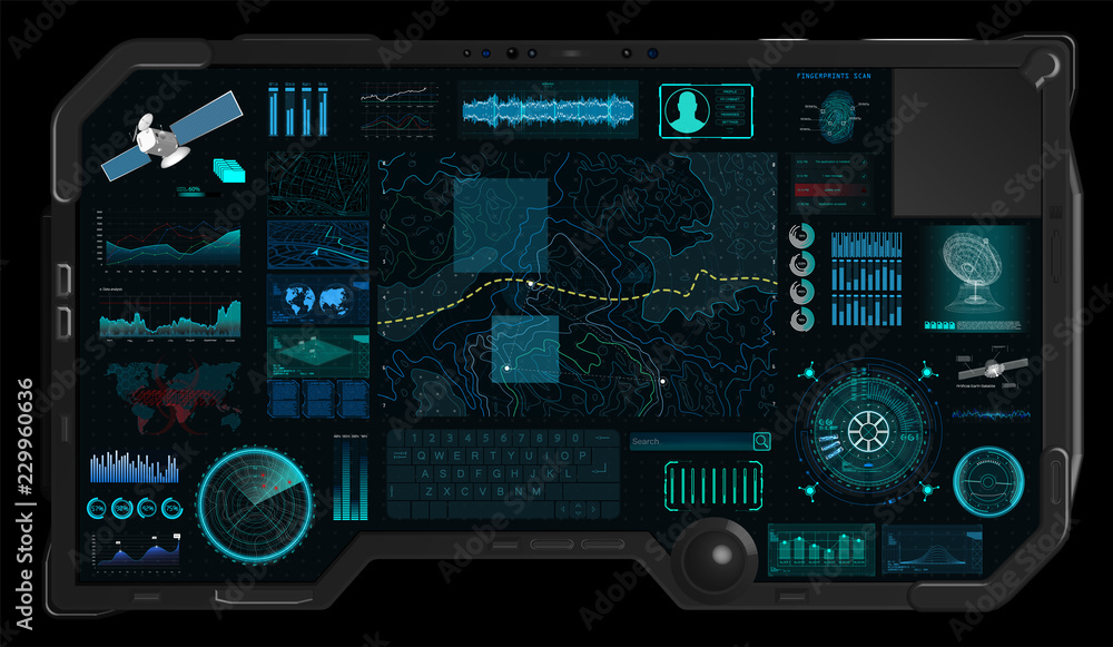 Poster Command Center Screen in HUD style. Topographic Map, Contour. Futuristic Interface Elements and Earth Landscape Scanning. Concept of a Conditional Geography Scheme in HUD Style. Vector Elements Set