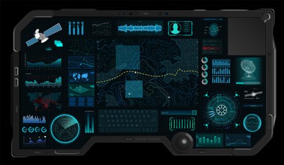 Command Center Screen in HUD style. Topographic Map, Contour. Futuristic Interface Elements and Earth Landscape Scanning. Concept of a Conditional Geography Scheme in HUD Style. Vector Elements Set