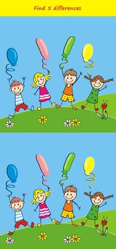 Game, find five difference, kids and balloons, vector illustration