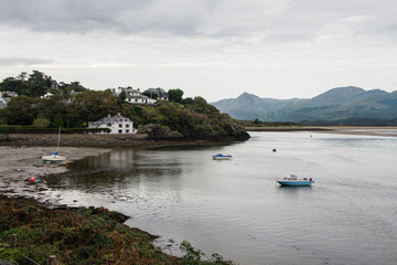 View of Borth-y-gest harbour at low tide, North Wales
