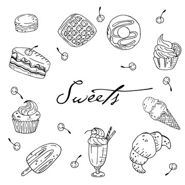 Black and white seamless vector pattern with hand drawn sweets