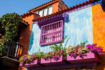 The colorful colonial houses at the walled city of Cartagena de Indias