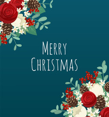 Christmas bouquet frame with red roses, white flowers and pinecones. Winter holiday floral card. Vector illustration isolated on blue green background.