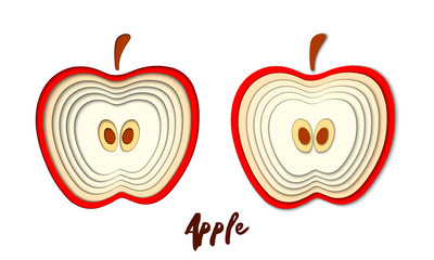 Vector set of paper cut red apple, cut shapes. 3D abstract paper art style, origami concept design, food packaging, advertising, detox, cosmetics, healthy eating.