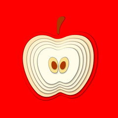 Vector paper cut red apple, cut shapes. 3D abstract paper art style, origami concept design, food packaging, advertising, detox, cosmetics, healthy eating.