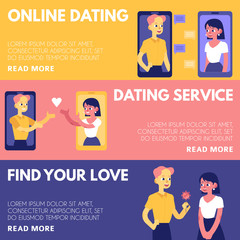 Flat love chat, online dating services banners set with men, women chatting via smartphones with smile at face,giving flowers. Internet communications and romantic relationships. Vector illustration