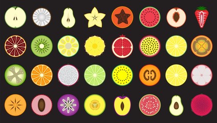 Set of icons fresh and colorful fruits and berries cut in half, isolated, Apple, coconut, pear, carambola, papaya, watermelon, peach, strawberry, tangerine, kiwi, jackfruit, pineapple, lime and others