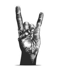 Vector engraved style illustration for posters, decoration and print. Hand drawn sketch of rock sign gesture in monochrome isolated on white background. Detailed vintage woodcut style drawing. - obrazy, fototapety, plakaty