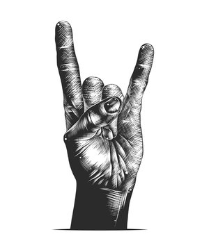 Vector engraved style illustration for posters, decoration and print. Hand drawn sketch of rock sign gesture in monochrome isolated on white background. Detailed vintage woodcut style drawing.