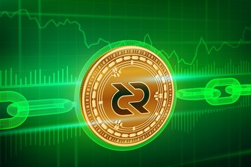 Crypto currency. Block chain. Decred. 3D isometric Physical golden Decred coin with wireframe chain. Blockchain concept. Editable Cryptocurrency template. Stock vector illustration.