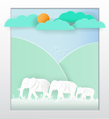 Vector nature and wildlife that is an elephant.And views of the landscape and the colors are beautiful and a papercut and used as wallpaper.