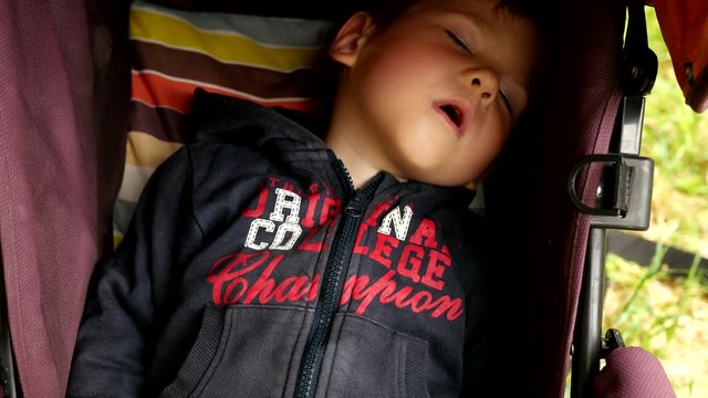 Little child boy sleeping in buggy outdoors in a park