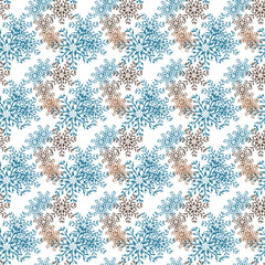 Snowflake blue, brown. White background. Texture. Seamless. Christmas, New Year