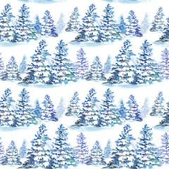 Stickers pour porte Forêt Modèle sans couture avec des sapins d& 39 hiver sous la neige. Illustration aquarelle sur fond blanc.