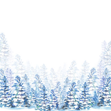 Winter forest background with fir trees under snow. Watercolor illustration on white background.