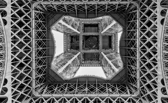 Black and white graphic image of the Eiffel Tower seen from below, Paris, France