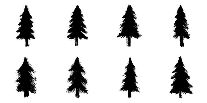 Set of 8 hand-drawn coniferous trees isolated on white background. Christmas illustration. Doodle style grunge shapes.