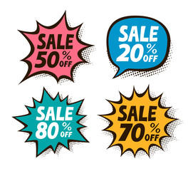 Sale, label set. Business, shopping, mall symbol in pop art retro comic style. Vector illustration