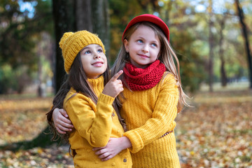 Two little girls in autumn park