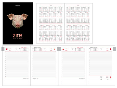 Template for layout of daily planner for 2019 year with pig. Design office book with page templates, personal data and calendar data on 2018, 2019, 2020, 2021 years