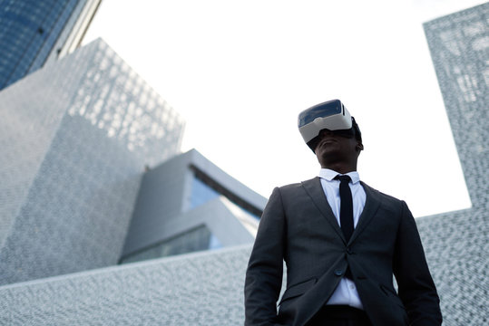 Office worker immersed in virtual reality
