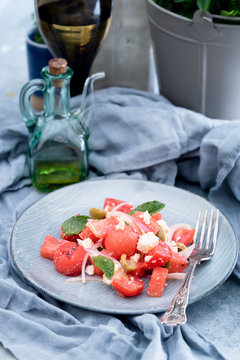 Watermelon and feta salad .