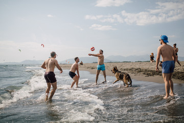 Group of friends playing beach volleyball with a German Shepherd