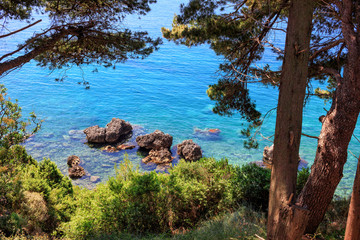 Shore of the Adriatic sea with turquoise water in Montenegro, nature landscape, vacations to the summer paradise