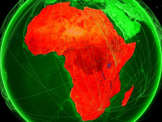 Africa on green Earth in space with networks representing air traffic or telecommunications.