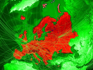 Europe on green Earth in space with networks representing air traffic or telecommunications.