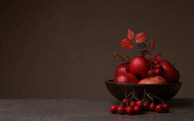 Background with hawthorn berries and apples in plate. Autumn composition of red berries and fruits with empty place.  © vaitekune