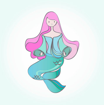 Mermaid vector. Beautiful pink hair and blue green tale.