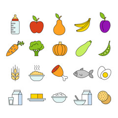 Organic food for babies vector set. Healthy meal for children. Cartoon set with isolated fruits, vegetables, meat, milk. Kid's menu infographic.