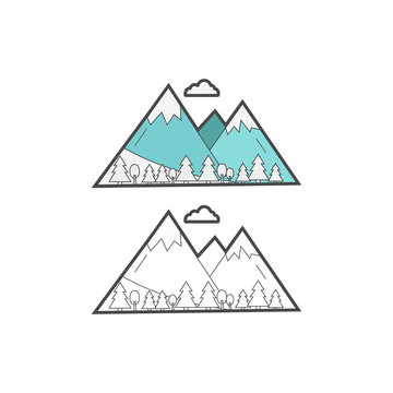 Color and black icons of mountains with trees. Web icon for tourism and skiing. Vector