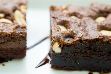 Brownies  with almond in restaurant.